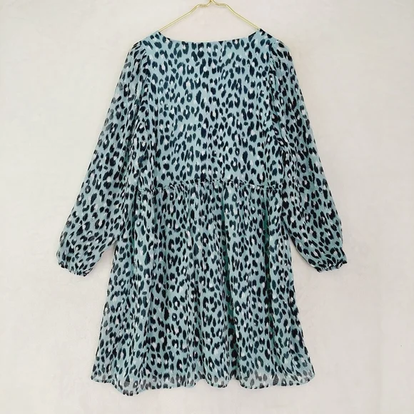 New LOFT Blue Leopard Print Long Sleeve V-Neck Midi Dress P 405 - Picture 6 of 10